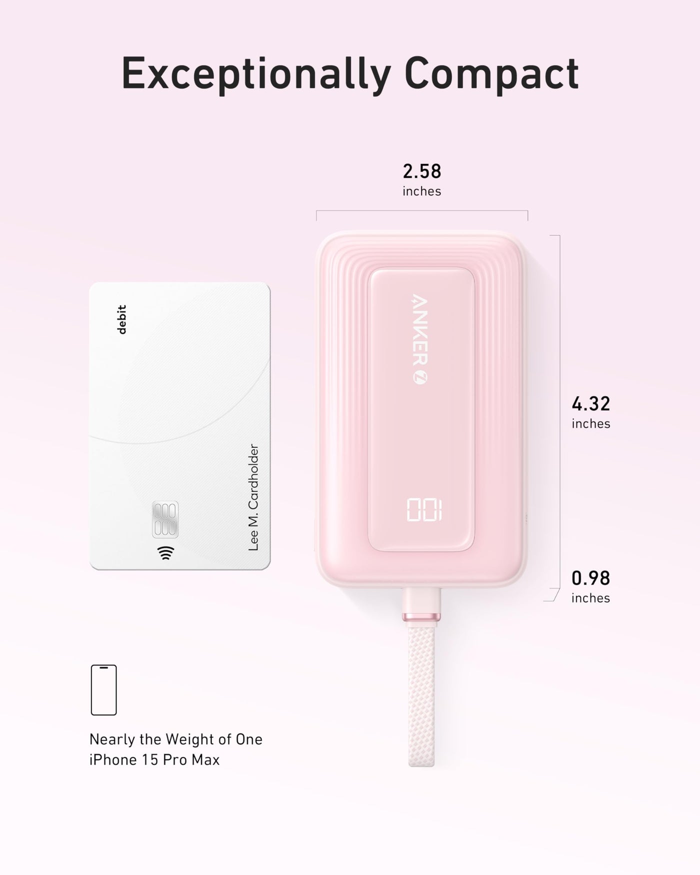 Anker Zolo Power Bank (10K, 30W) with a 5.4-inch (13.7 cm) built-in USB-C cable.